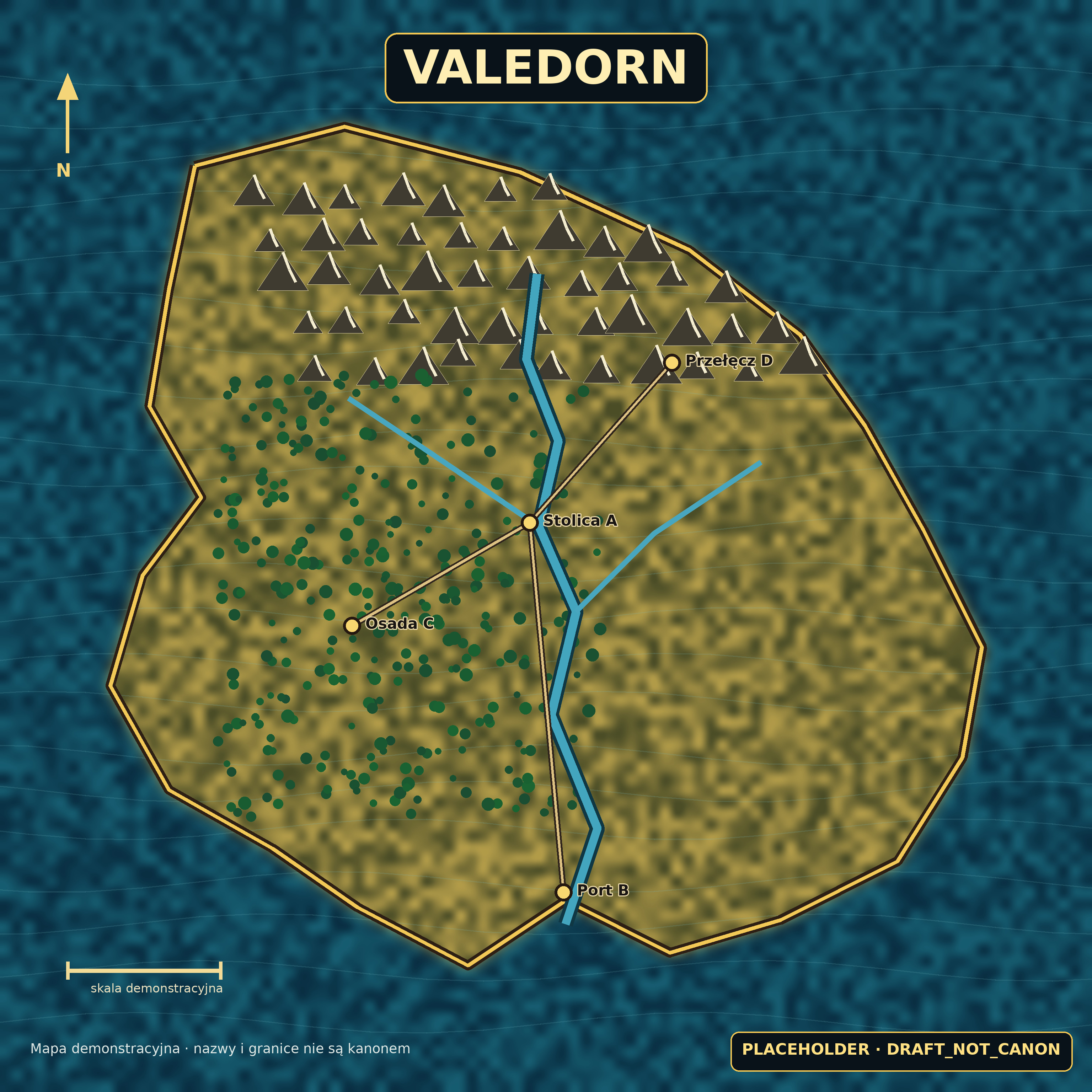 Demonstracyjna, niekanoniczna mapa placeholderowego kraju Valedorn